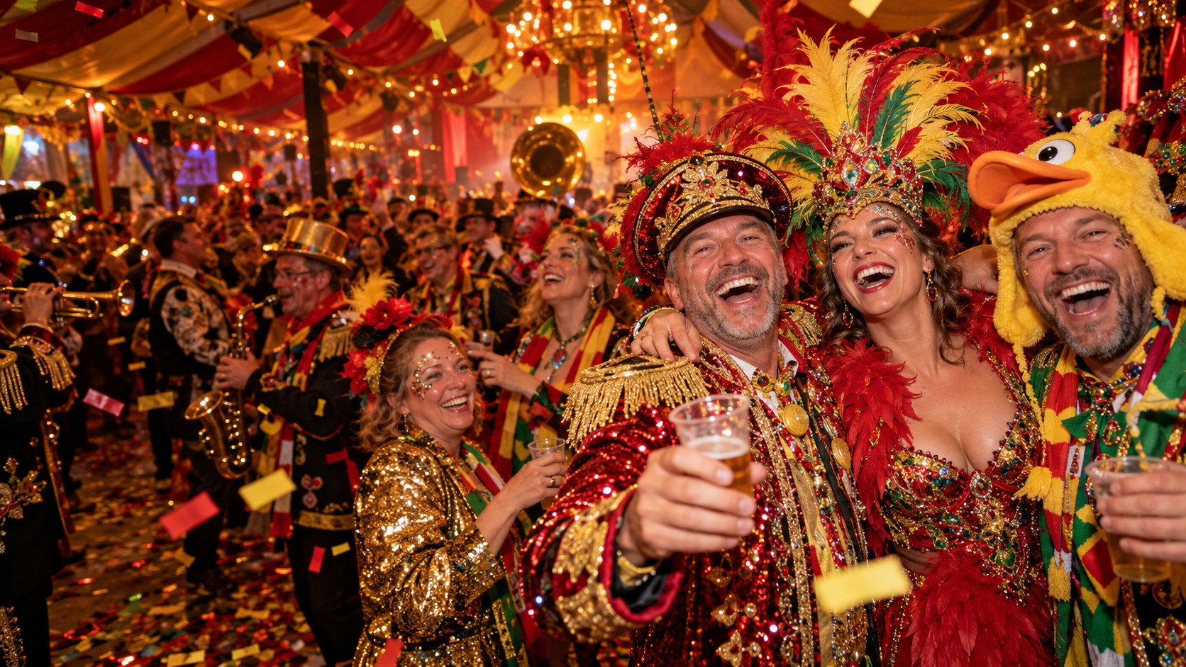De fictieve feestvierders van voorbeeldvereniging De Confettiknallers