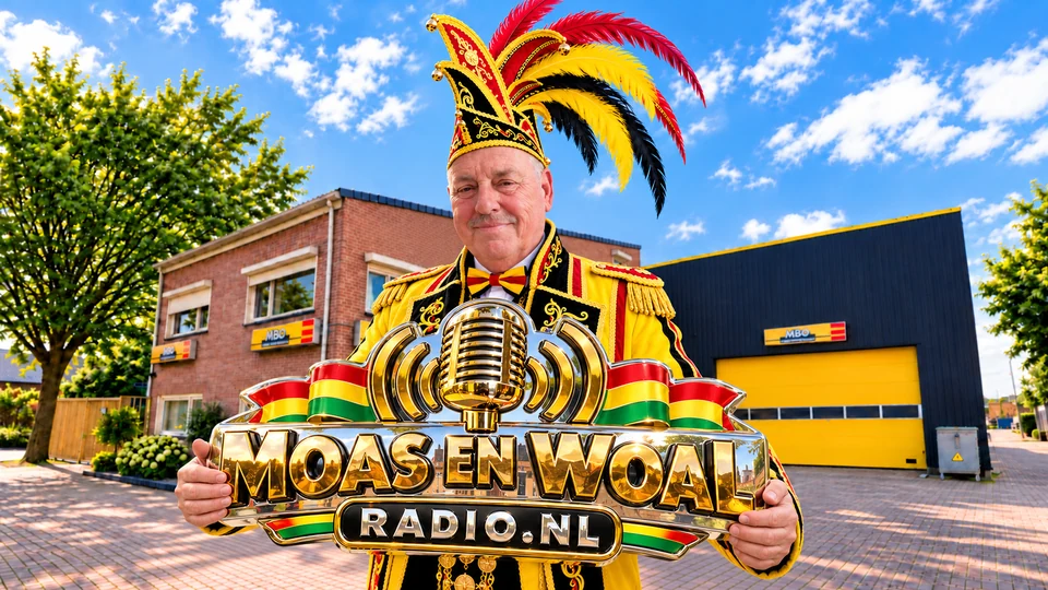 Vrolijke man in een geel-zwart MBO-carnavalspak met steek met het gouden Moas en Woal Radio-bord voor het MBO-pand