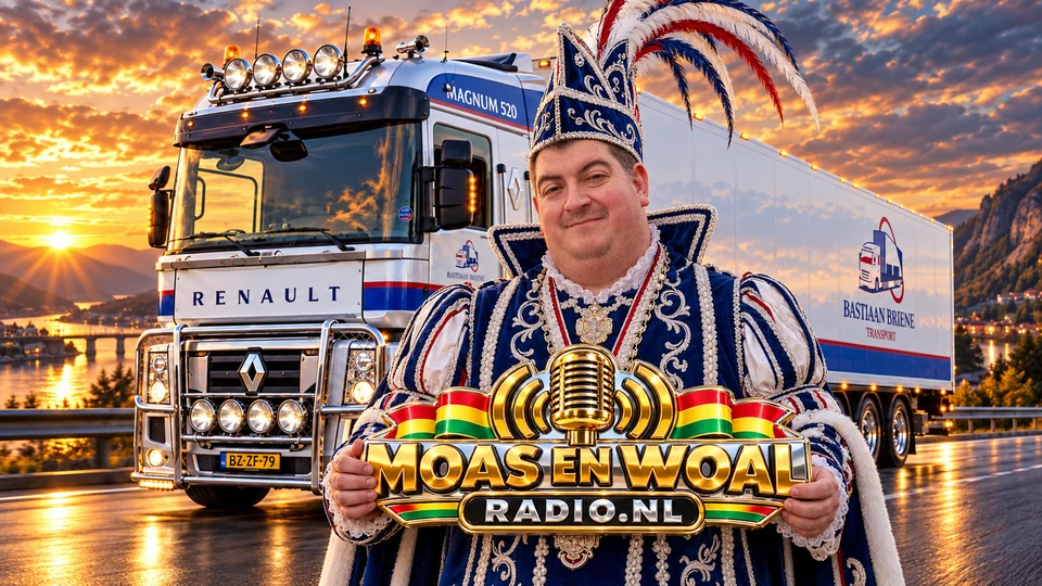 Bastiaan in blauw-wit carnavalspak met radiobord voor zijn Renault-truck bij zonsondergang