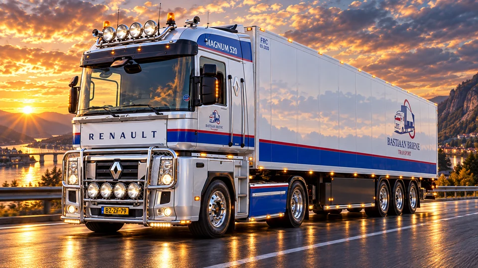 De Renault Magnum van Bastiaan Briene Transport bij zonsondergang