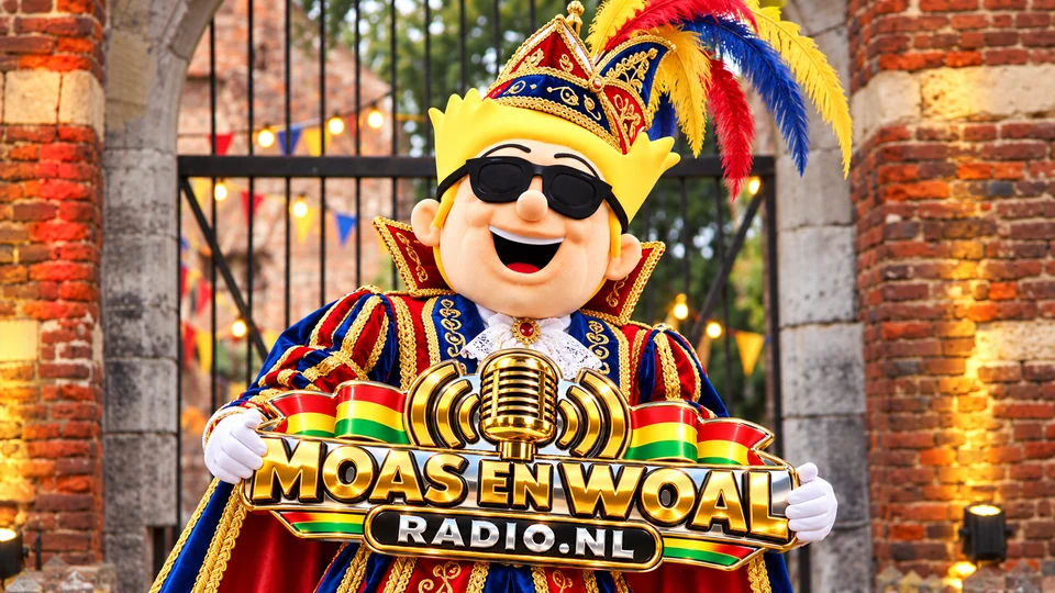 Benny Bollo in zijn eigen kleuren met carnavalspak, steek en radiobord