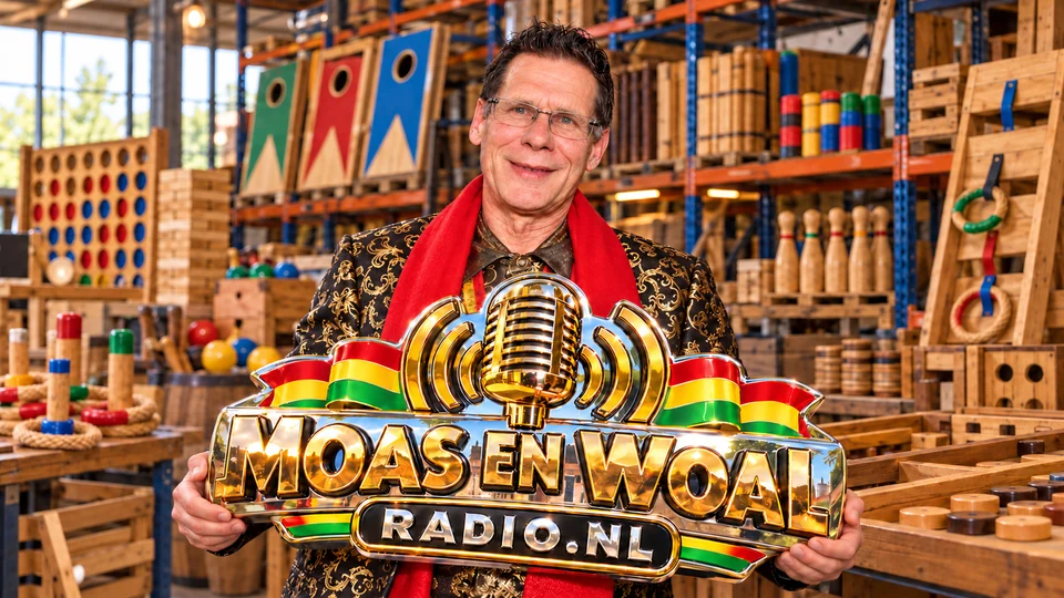 De Blije Jiets met het gouden Moas en Woal Radio-bord voor een magazijn vol spellen